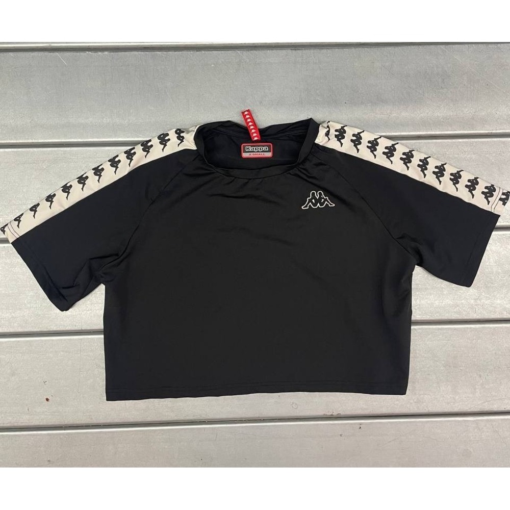 Kappa Logo Tape Crop Top Shirt‎ Womens XS Black Short Sleeve Tee